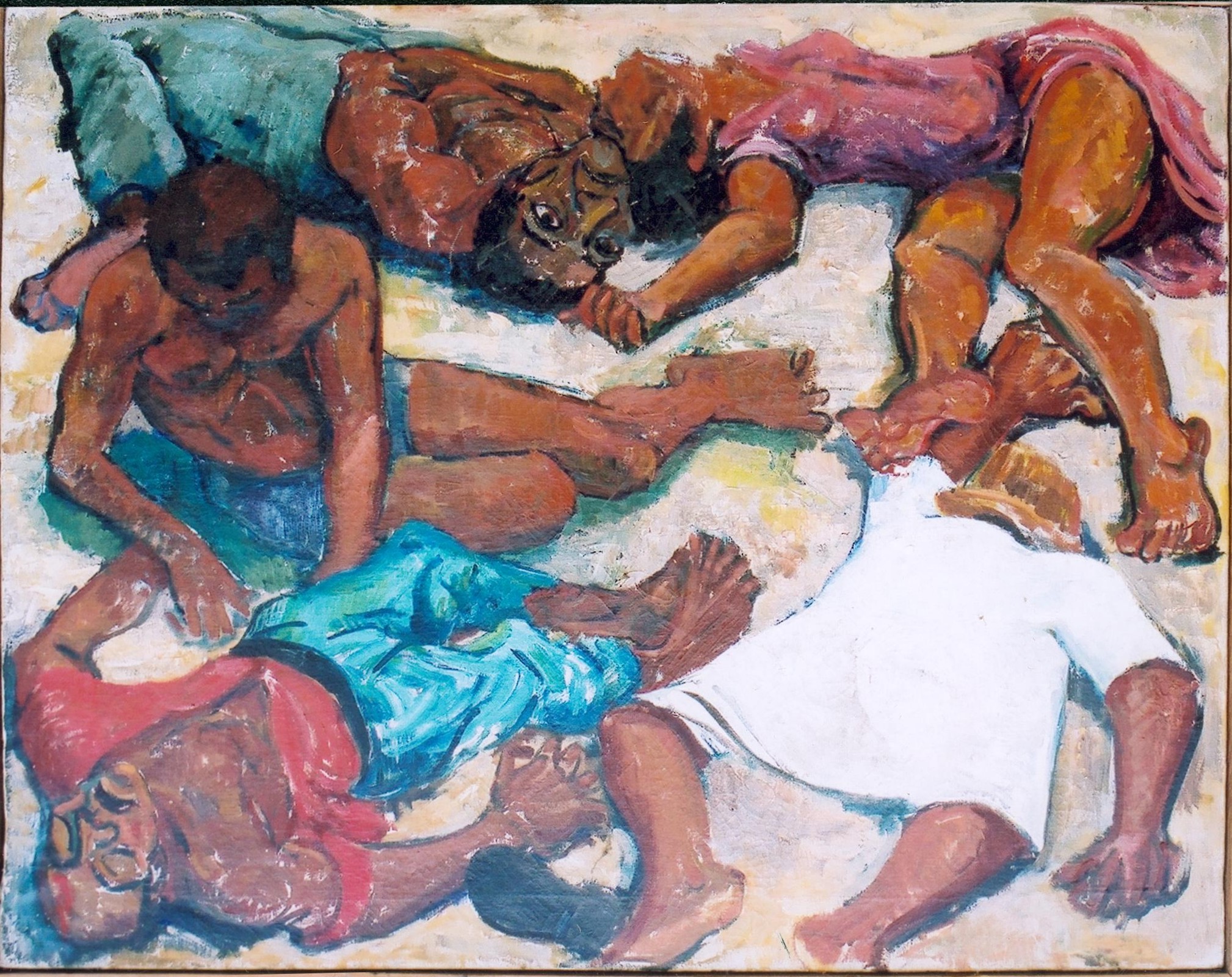 Obraz przedstawia ciała czarnoskórych osób, odnosi się do wydarzeń z Południowej Afryki w miejscowości Sharpeville w 1960 roku, gdzie dosło do masakry osób czarnoskórych