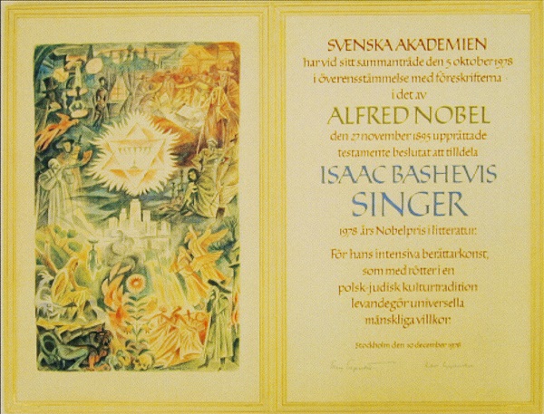Dokument o przyznaniu Nagrody Nobla Singerowi.
