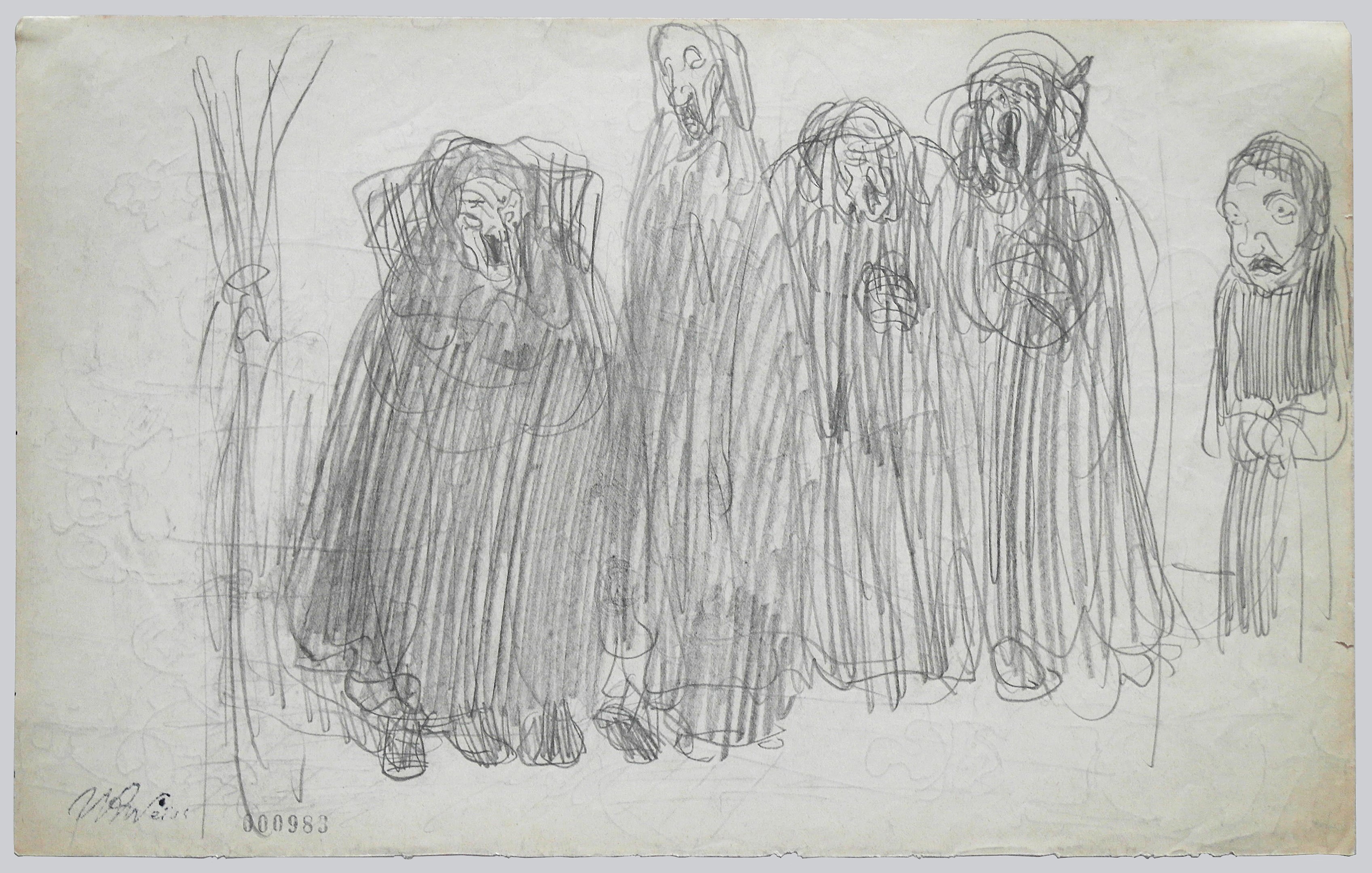Rysunek Wojciecha Weissa "Żydzi". Postaci narysowane czarną kreską, zamazane, trudno rozpoznać ich płeć.