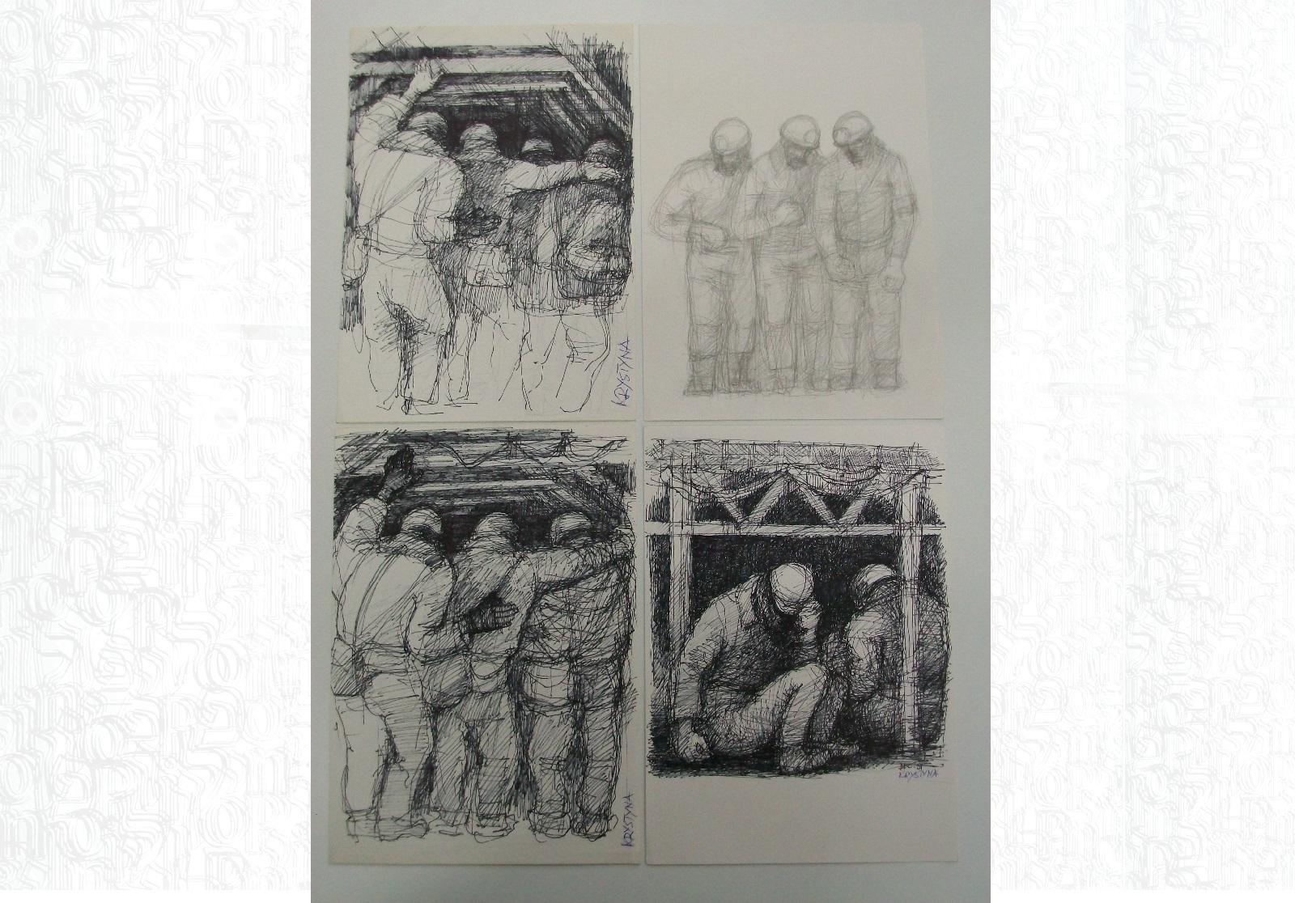 Cztery szkice Krystyny Pajes. Trzy przedstawiają postacie stojące w rzędzie. Ostatni - dwie siedzące postacie. Wszystkie szkice narysowane są na planie prostokąta.