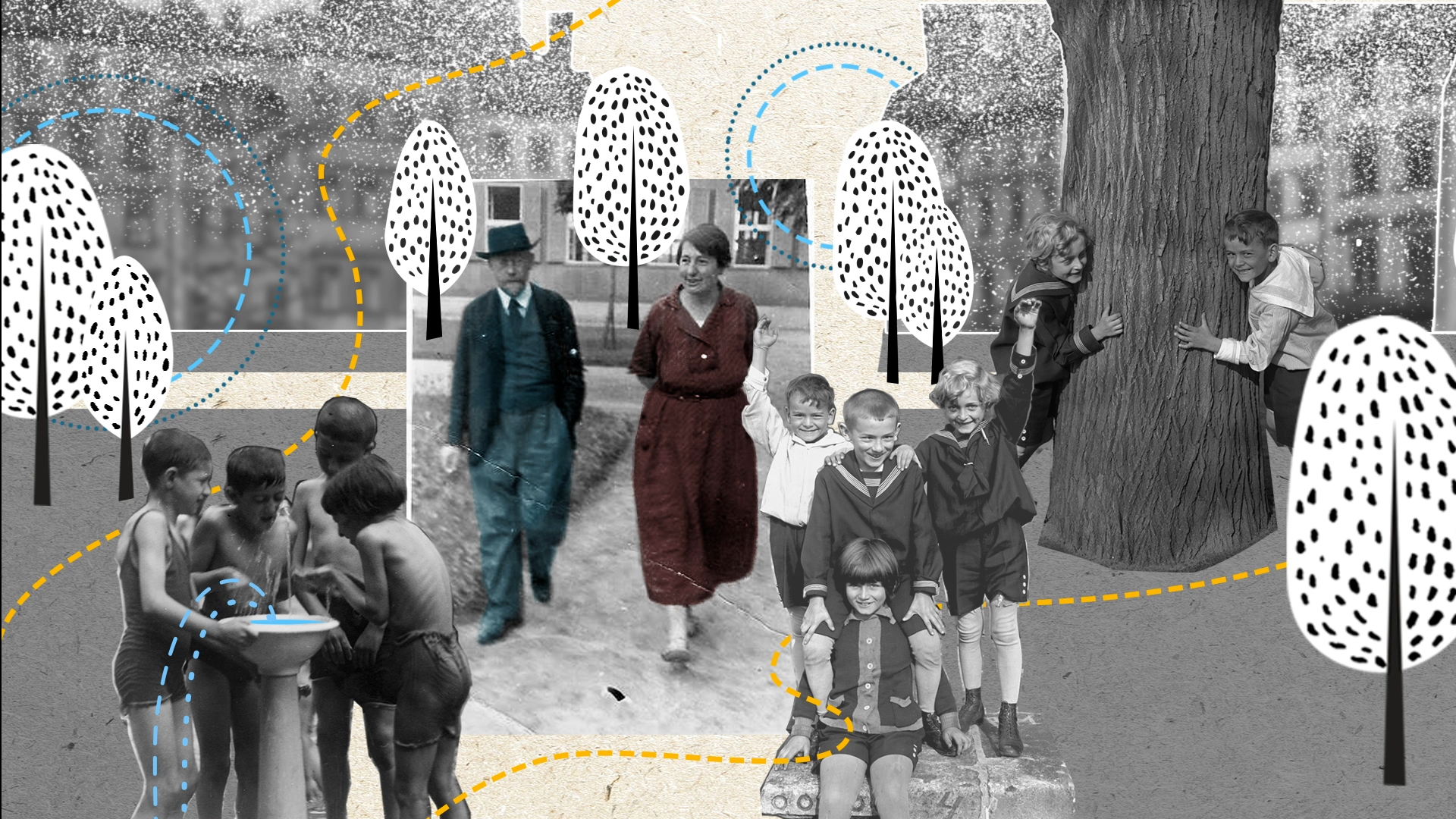 Janusz Korczak i Stefania Wilczyńska spacerują po ulicy. Na grafice są też grupy dzieci.