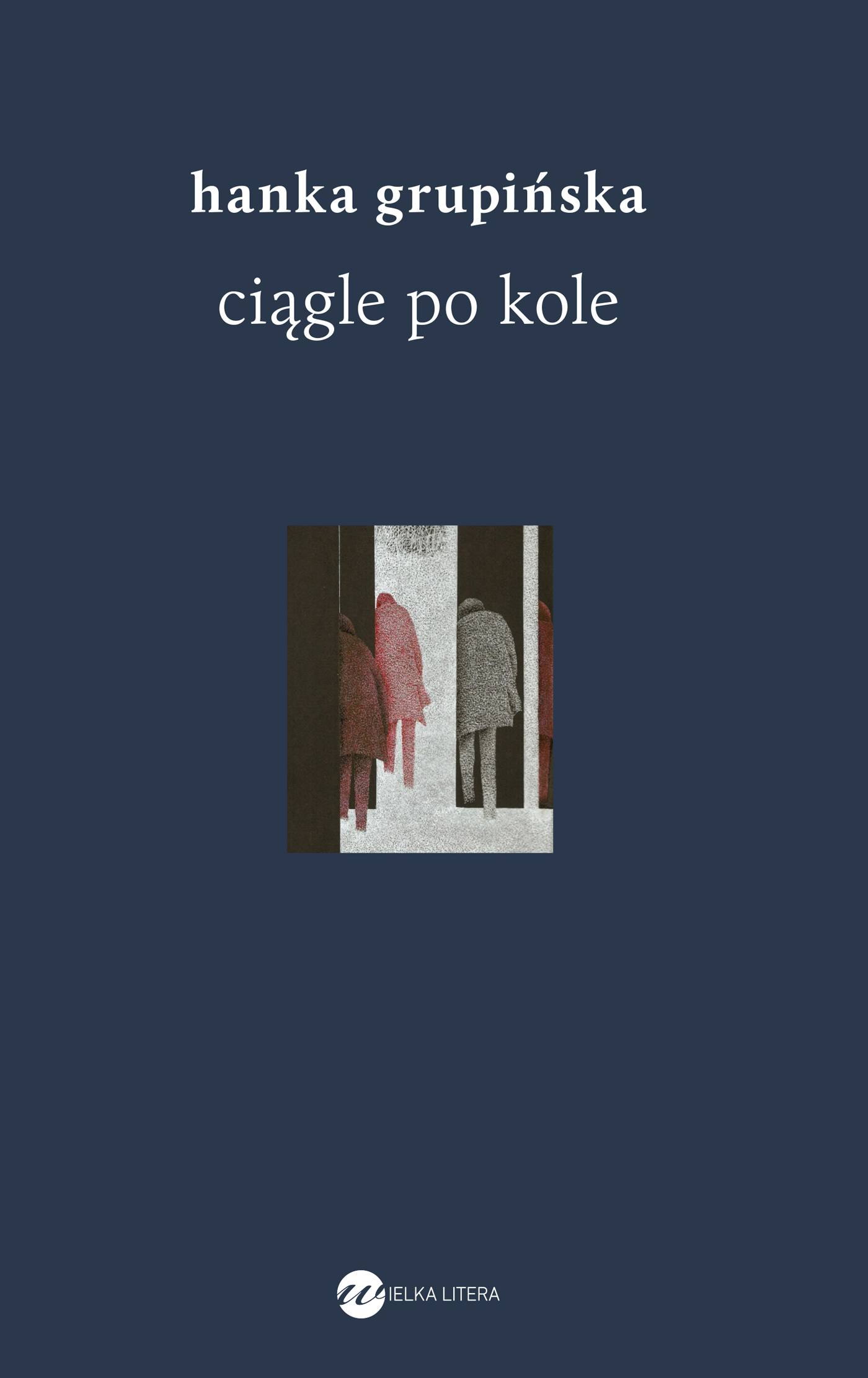 Okładka książki Hanki Grupińskiej "Ciągle po kole". Jest w kolorze granatowym, w środku symboliczny obrazek.