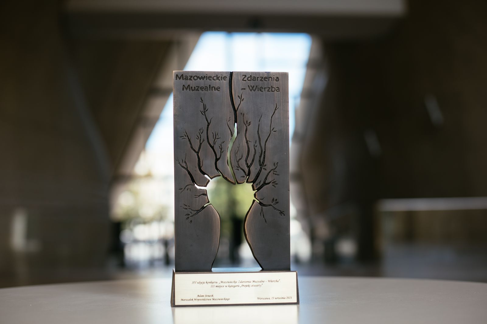 Statuetka XVI edycji konkursu "Mazowieckie Zdarzenia Muzealne - WIERZBA" - prostokąt z brązu z wyciętym w nim kształtem wierzby
