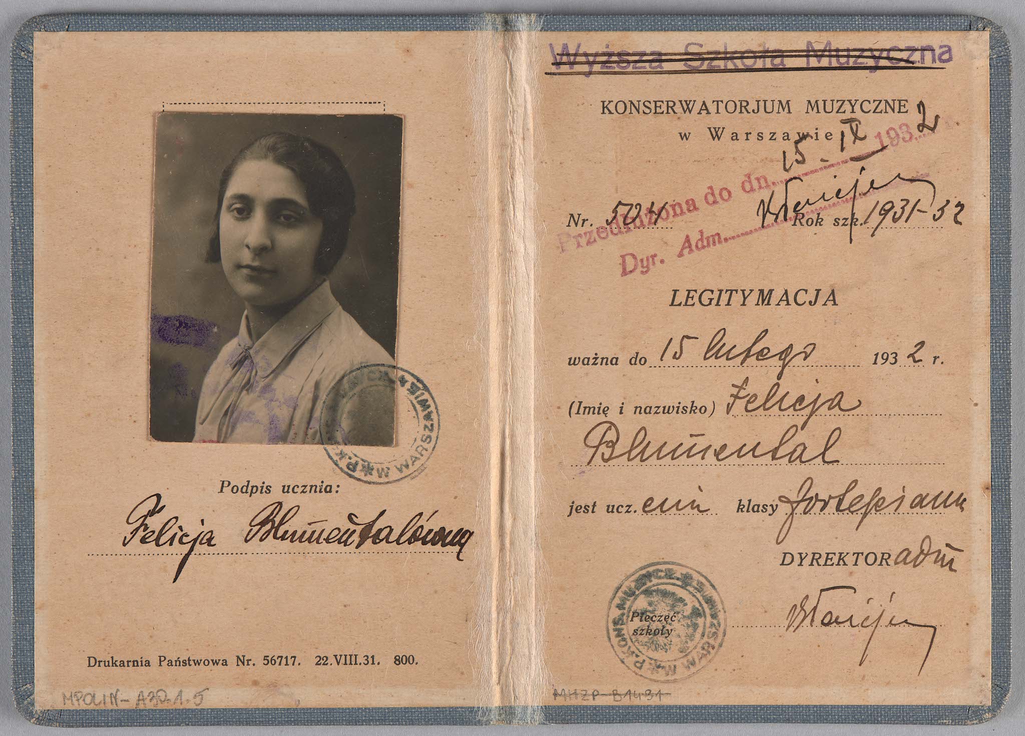 Legitymacja Felicji Blumental z Uniwersytetu Muzycznego Fryderyka Chopina. Przedmiot w kolekcji Muzeum POLIN.