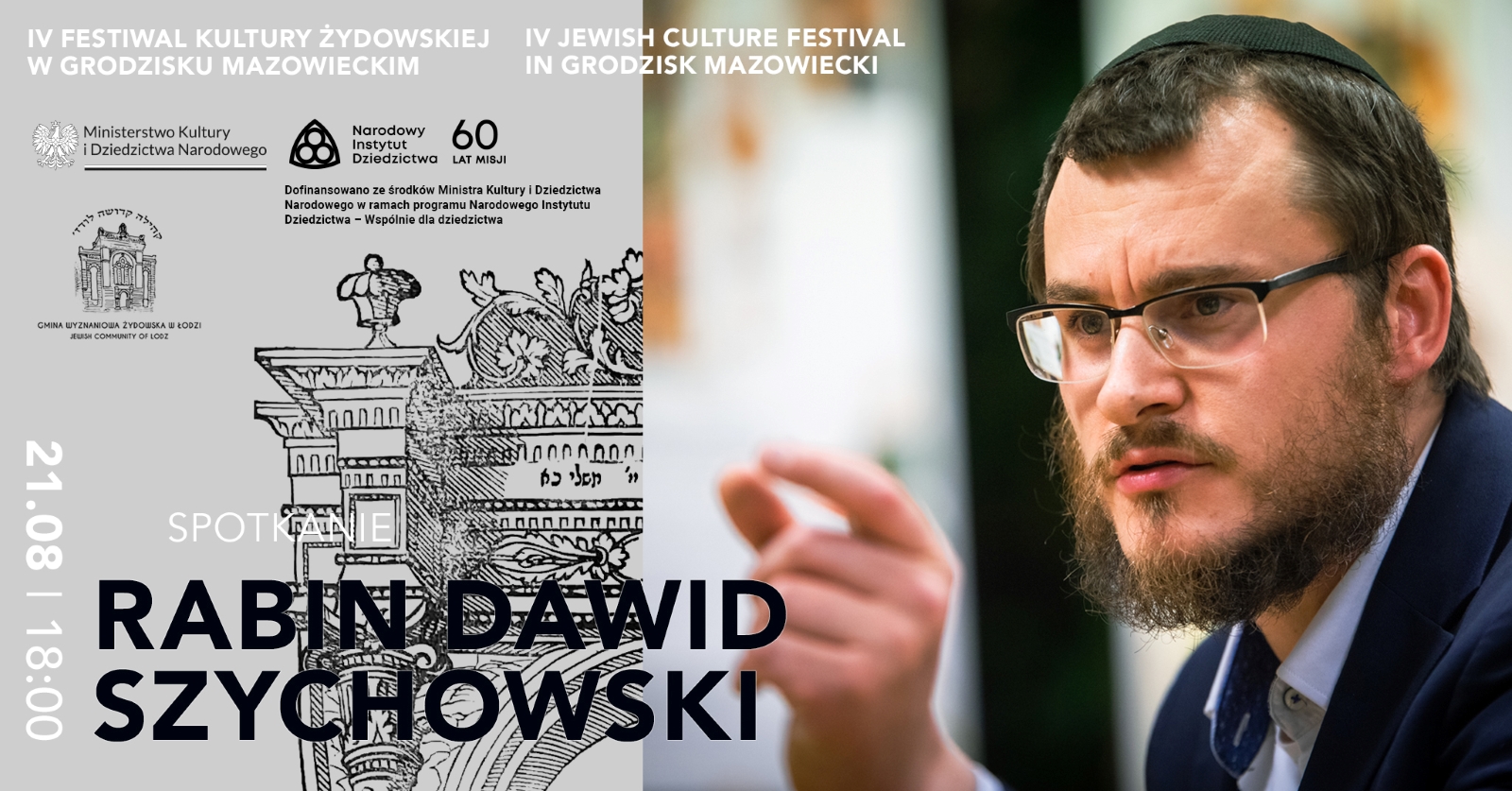 Z lewej strony napis rabin Dawid Szychowski, 21.08. Z prawej- jego zdjęcie.