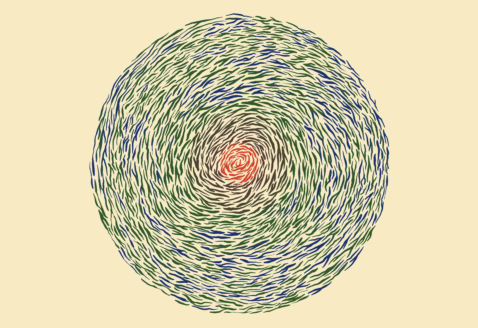 Symbol Ogrodu Sprawiedliwych - okrąg wypełniony zielonymi, niebieskimi, czarnymi nieregularnymi liniami. W środku czerwony punkt.