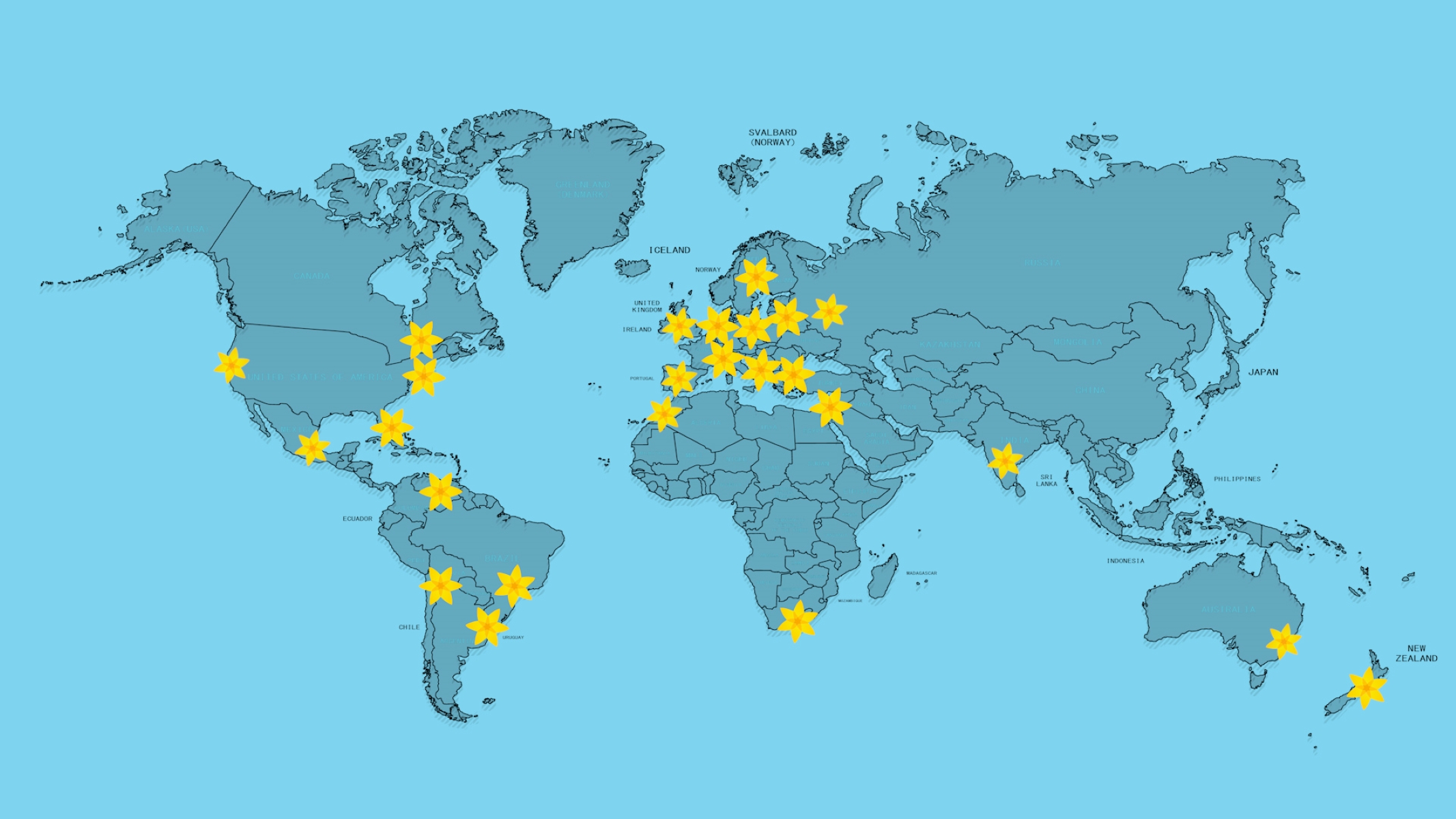 Map of the world indicating the countries to which paper daffodils are delivered.