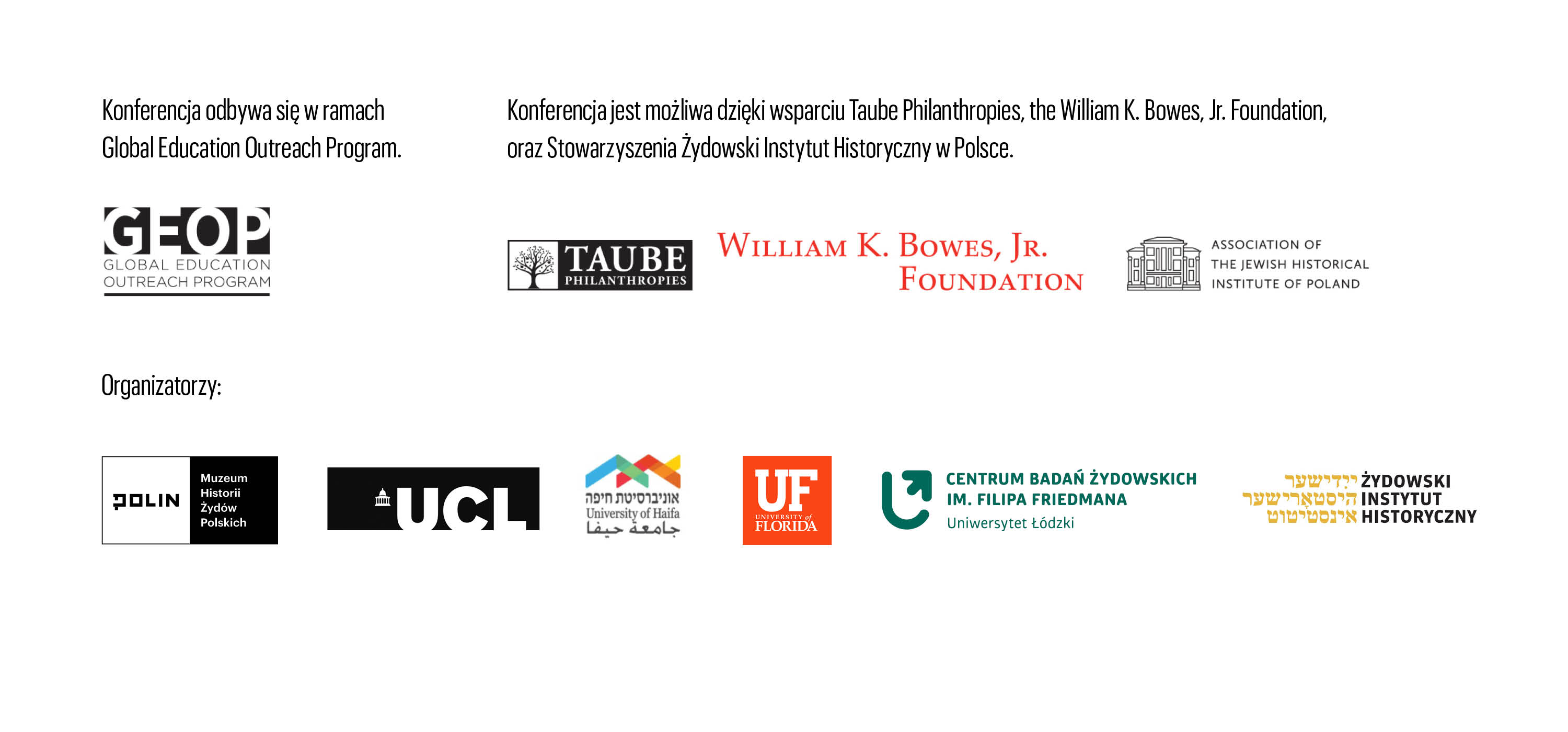 Logotypy organizatorów i partnerów konferencji: programu GEOP, Taube Philantrophies, William K. Bowes Foundation, Stowarzyszenia Żydowski Instytut Historyczny w Polsce, Muzeum POLIN, Żydowskiego Instytutu Historycznego, Uniwersytetu Londyńskiego, Uniwersytetu w Hajfie, Uniwersytetu Łódzkiego i Uniwersytetu Florydy.