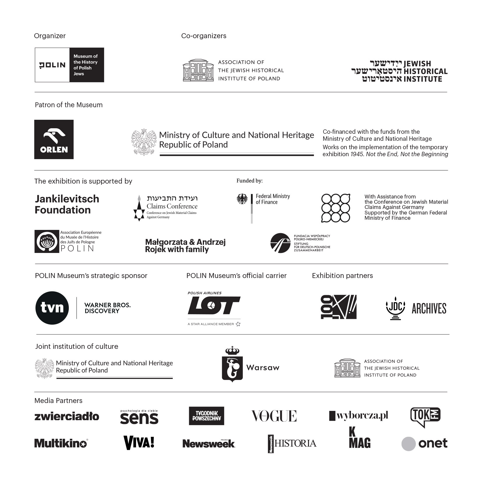 Logos of organizers and partners of 1945. Not the end, not the beginning exhibition.