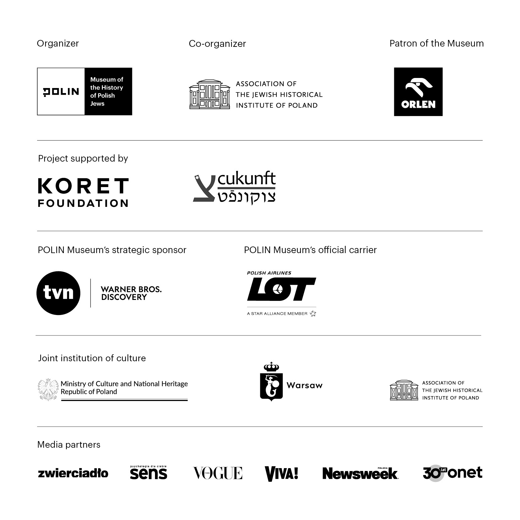 Logos of organizers and partners of Marek Oberlander's Ghetto display