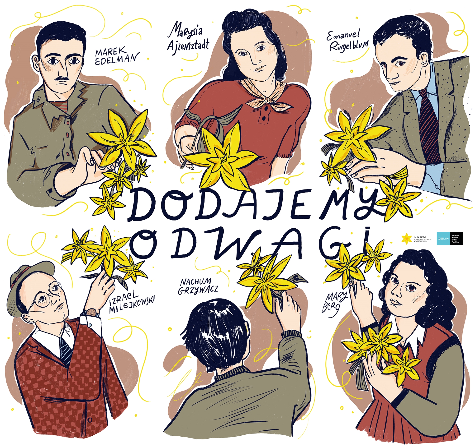 Sześć postaci przedstawionych od pasa w górę, od lewej: Marek Edelman, Marysia Azjensztadt, Emanueal Ringelblum, Izrael Milejkowski, Nachum Grzywacz, Mary Berg. Każda z postaci trzyma żonkila, a na środku plakatu jest napis Dodajemy odwagi.