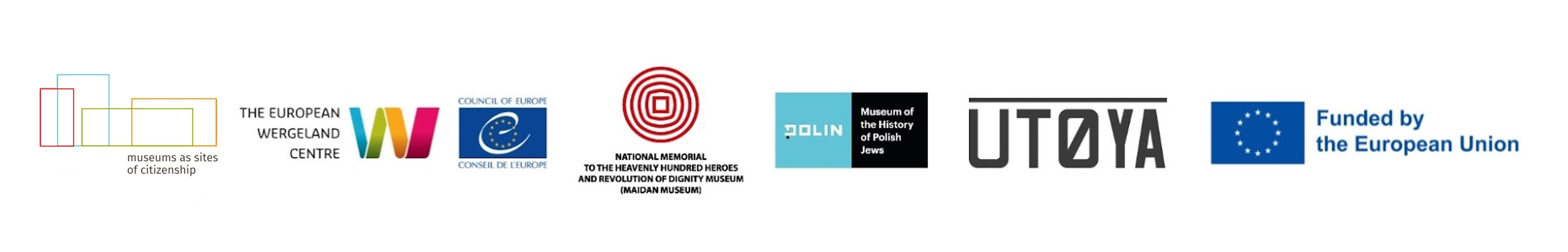 Logos of National Museum of the Revolution of Dignity in Ukraine, the Ukrainian Coalition of Memory, Utøya, the European Wergeland Centre in Norway and POLIN Museum in Poland.