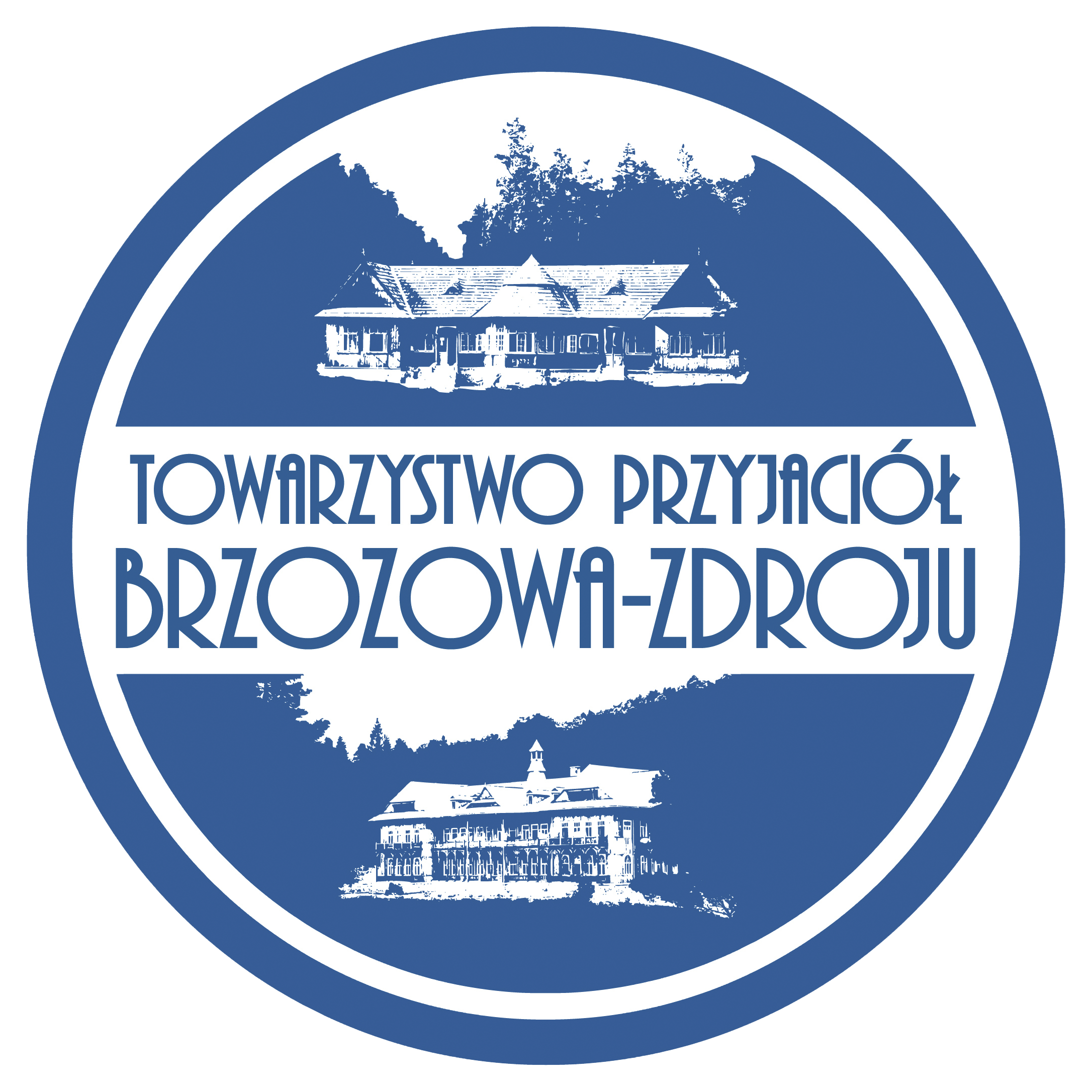 Logo Towarzystwa Przyjaciół Brzozowa. W niebieskim kole dwa rysunki budynków - jeden na górze, drugi na dole. Na środku nazwa organizacji.