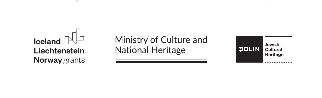 Logo of Jewish Cultural Heritage Project: from right side: logo of Norway grants, logo of Ministry of Culture and National Heritage of Republic of Poland, logo Polin Museum and JCK project.
