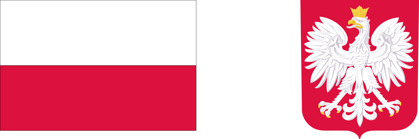 Z lewej strony flaga Polski, z prawej godło.