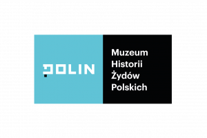Logo Muzeum Historii Żydów Polskich POLIN: niebieski i czarny kwadrat, na nich napisy