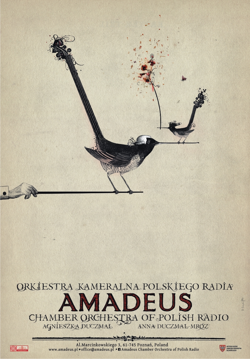 Plakat występu Orkiestry Kameralnej Polskiego Radia Amadeus. Grafika przedstawia ptaszka siedzącego na batucie.