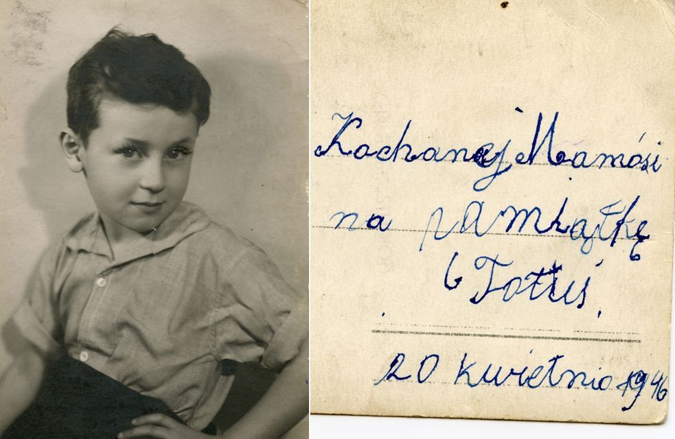 Zdjęcie dziecka z dopiskiem: kochanej Mamusi na pamiątkę, 20 kwietnia 1946 