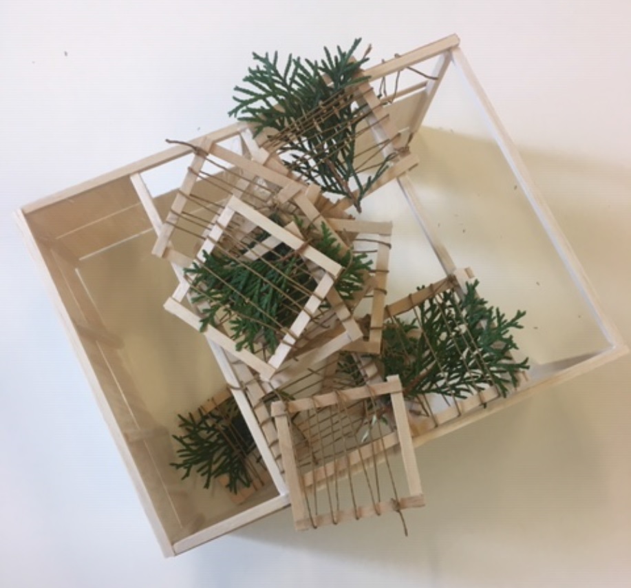 Sukkot - Święto Namiotów. Projekt kuczki, która powstanie przy Muzeum POLIN w 2019 roku (5780). Na zdjęciu: model namiotu na święto Sukkot, stworzony z drewnianych ramek, które oplecione są jasnym sznurkiem. Między linkami sznurka wplecione są zielone liście palmowe