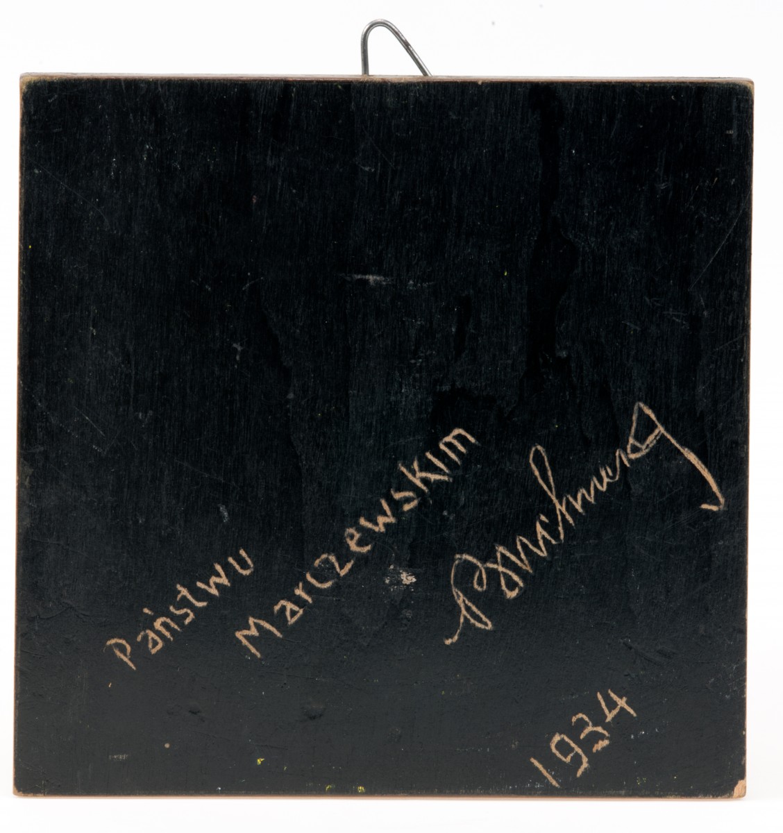 Napis na czarnym tle Państwu Marczewskim - podpis (trudny do rozczytania), 1934.