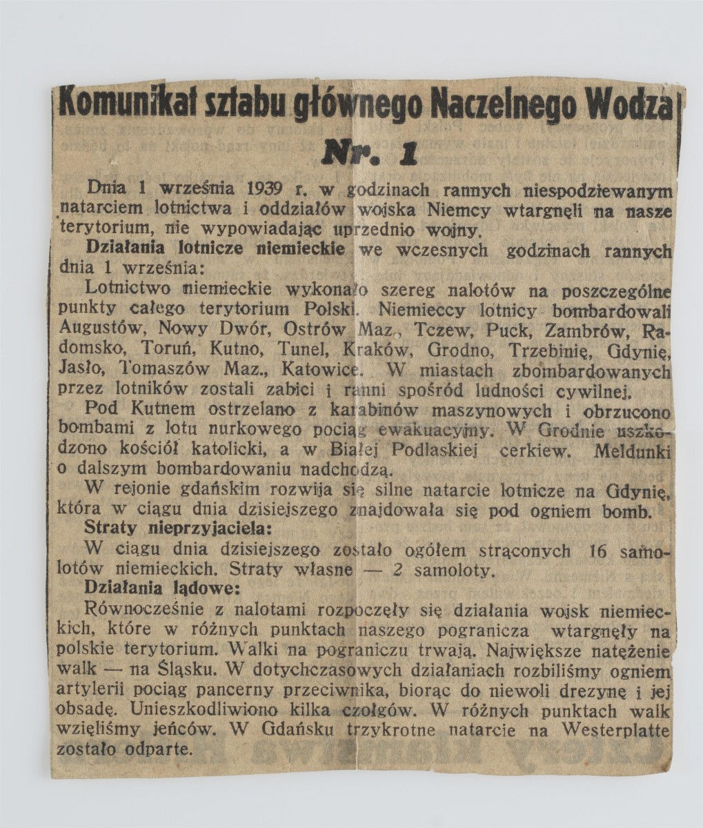 Zdjęcie archiwalne - kopia komunikatu sztabu głównego Wodza Naczelnego w dniu wybuchu II wojny światowej