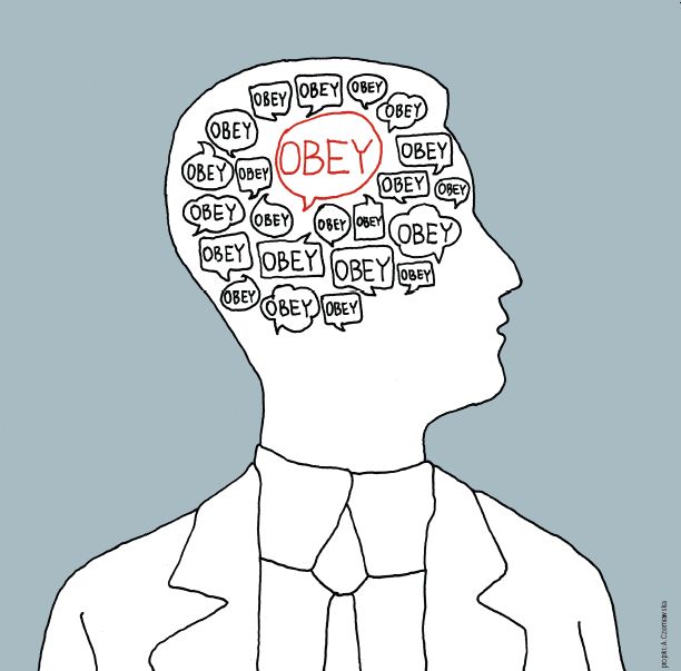 Grafika przedstawia mężczyznę w garniturze. W jego głowie znajdują się dymki wypełnione słowami obey.
