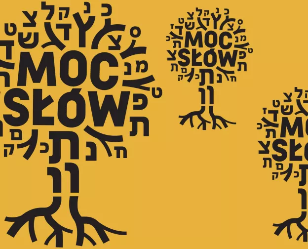 Four black trees with the words "The power of words" on a yellow background.