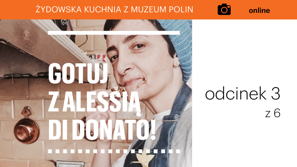 Na zdjęciu kobieta przy kuchni kaflowej (Alessia di Donato). Duży biały napis - Gotuj z Alessią di Donato