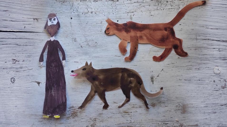 Grafika ilustracyjna. Postać Żyda w chałacie po lewej stronie, jeden nad drugim są kot i pies