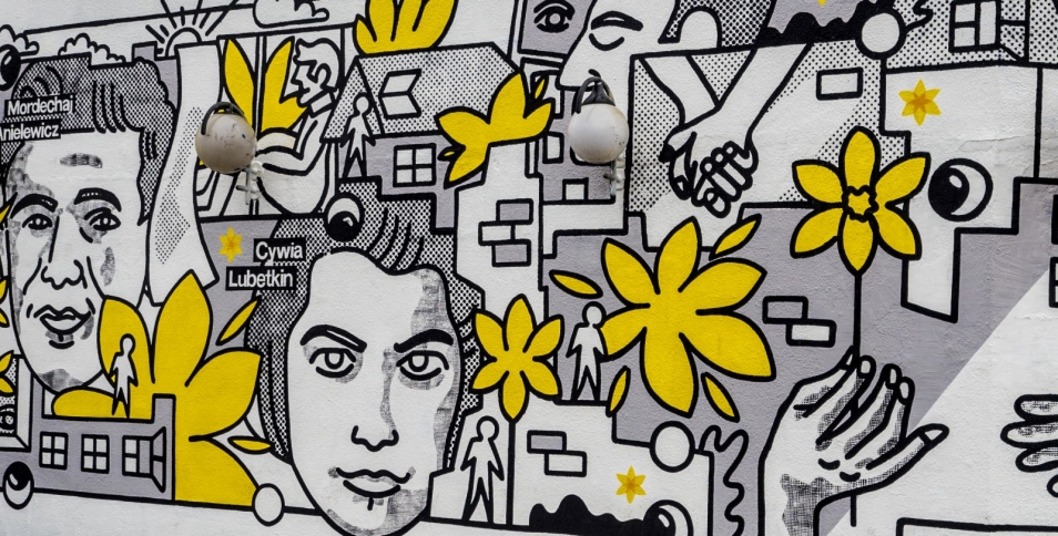 Mural przygotowany na akcję Żonkile, przedstawia twarze bojowców z getta warszawskiego i kwiaty żonkili