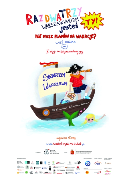 Plakat zabawy miejskiej 1,2,3 warszawiakiem jesteś ty, z chłopcem w roli pirata