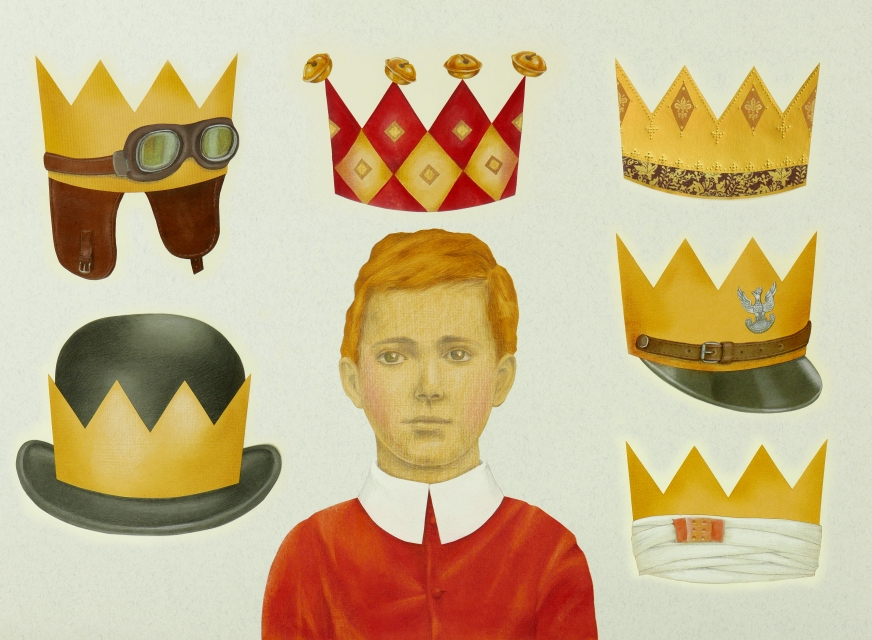 Ilustracja przedstawia chłopca z jasnymi włosami - króla Maciusia I - wokół jego głowy narysowanych jest 5 koron, prezentujących przygody króla Maciusia