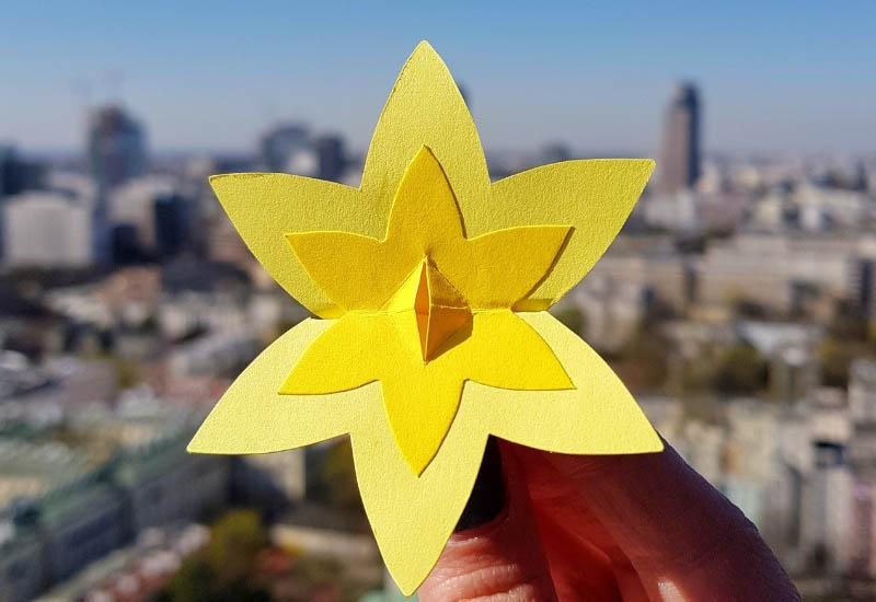 Papierowy kwiat, żółty żonkil, symbol akcji żonkile. W tle panorama Warszawy.