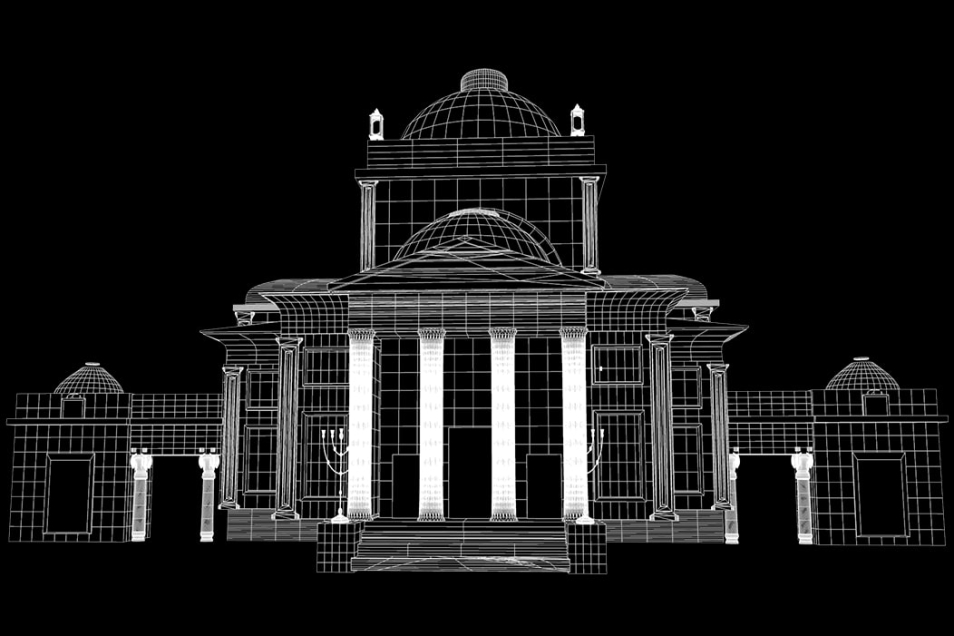 Projekcja multimedialna - zdjęcie - przedstawia zburzoną Wielką Synagogę na Tłomackiem. 