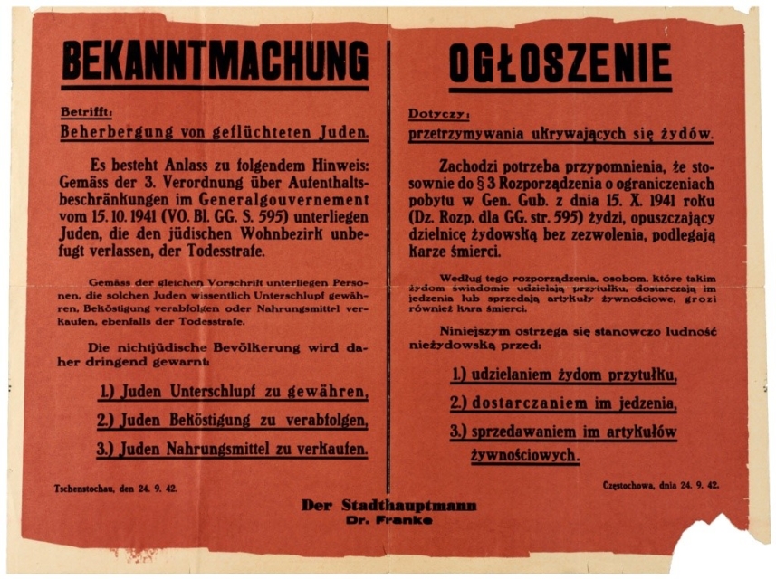 Obwieszczenie Niemców o karze śmierci za pomoc Żydom w okupowanej Polsce. Czarny tekst na czerwonym tle; po lewej treść w języku niemieckim, po prawej w polskim - obwieszczenie z okresu II wojny światowej