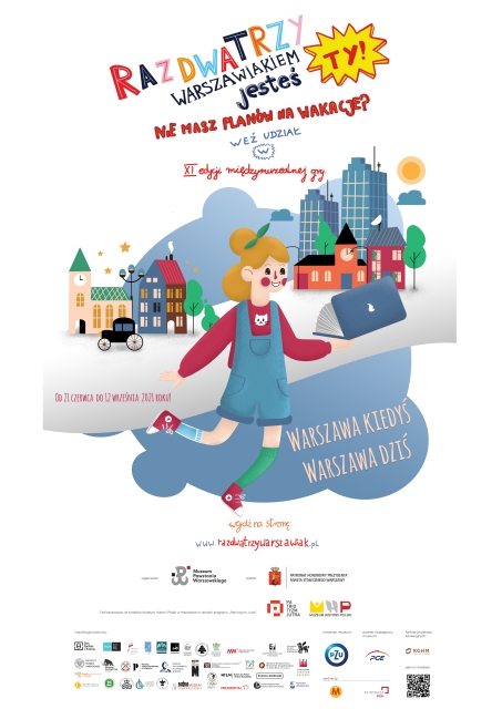 Na obrazie widzimy plakat promujący grę "Raz, dwa, trzy warszawiakiem jesteś-Ty!". 