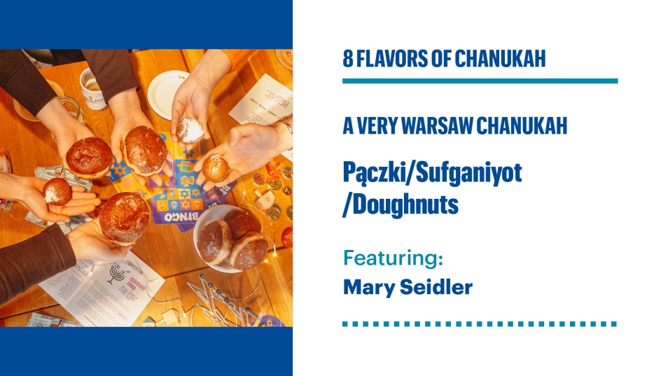 Poster of A very Warsaw Chanukah. Pączki/Sufganiyot/Doughnuts. On the left side pictures of pączki.