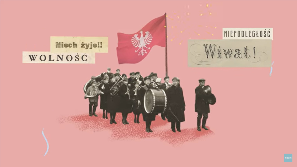 Kadr z filmu, który przedstawia Polaków, którzy cieszą się ze zwycięstwa w I wojnie światowej i z utworzenia ponownie państwa polskiego.