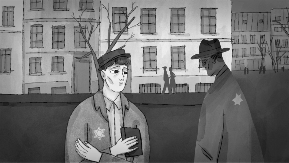 Kadr z filmu animowanego. Czarno-biały. Dwie smutne postacie w ubraniach, na których naszyte są sześcioramienne Gwiazdy Dawida. Kadr ma smutny wyraz. Przedstawione postacie są zrezygnowane, wychudzone i głodne.