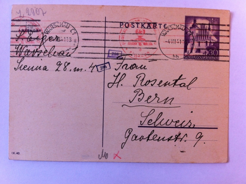 Fragment strony adresowej pocztówki z Archiwum Rozentalów wysyłanej z Warszawy do Berna.