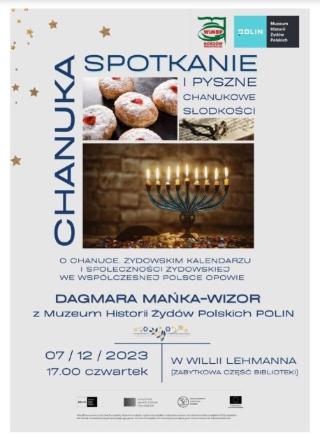 Plakat z napisem Chanuka -spotkanie i pyszne chanukowe słodkości, 7.12.2023, 17.00, czwartek.