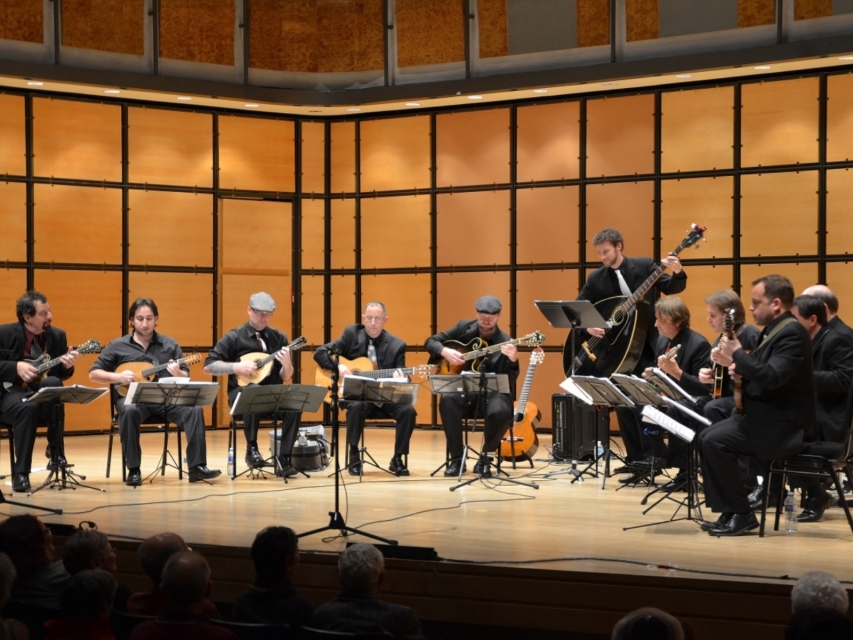 Ger Mandolin Orchestra on stage during a concert.
