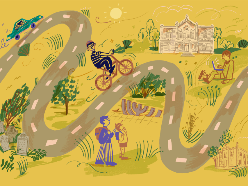 Kolorowa ilustracja z motywem drogi oraz elementami kultury żydowskiej, m.in. z synagogą i menorą.