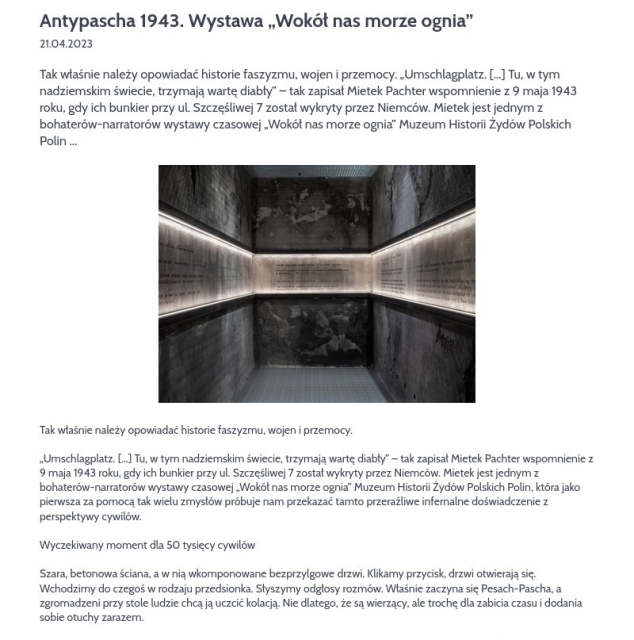 Recenzja z czasopisma WIĘŹ "Antypascha 1943. Wystawa "Wokół nas morze ognia" w Muzeum POLIN"