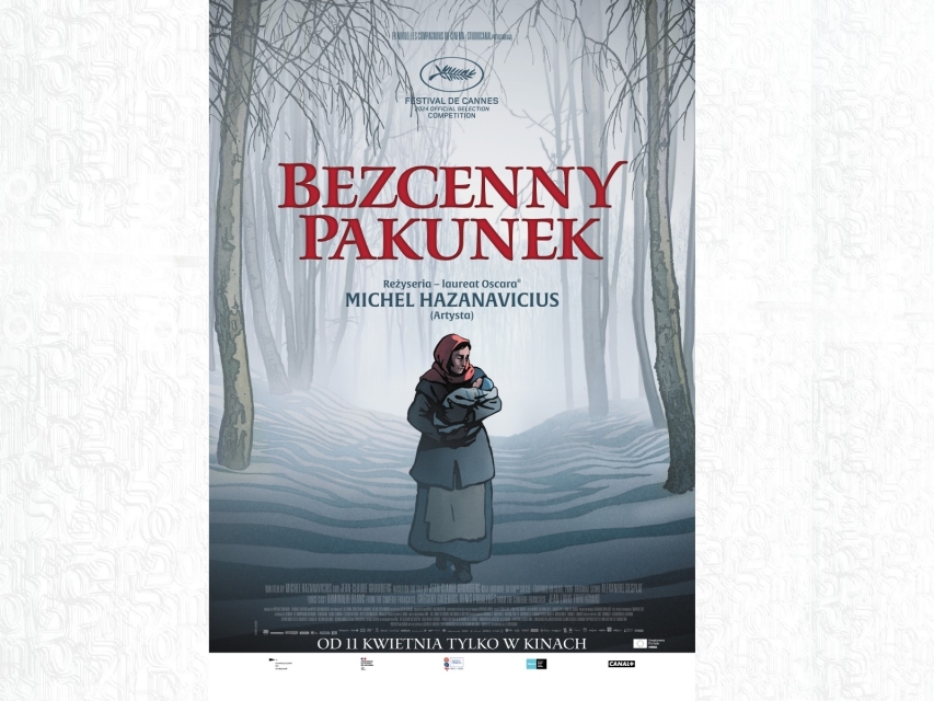 Plakat filmu "Bezcenny pakunek". Kobieta niesie zawiniątko z dzieckiem.