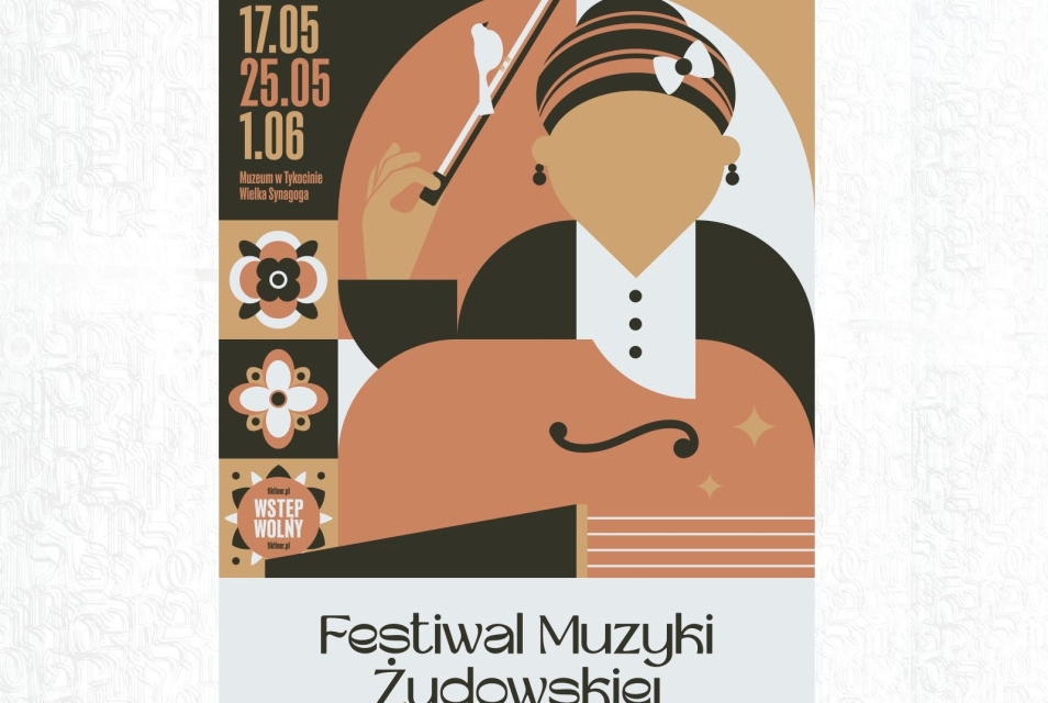 Plakat Festiwalu Muzyki Żydowskiej im. Rywki Tiktiner z datami 17, 25 maja i 1 czerwca, dopiskiem wstęp wolny i postacią dyrygenta.
