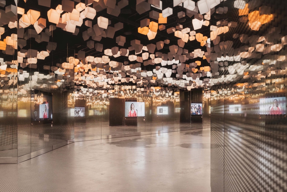 Hanging houses on the ceiling in the Bonds gallery.
