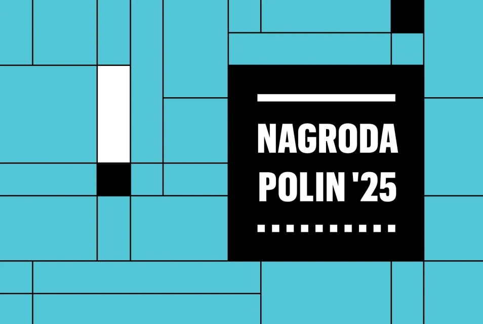 Na niebieskim tle kwadrat z napisami Nagroda POLIN '25.