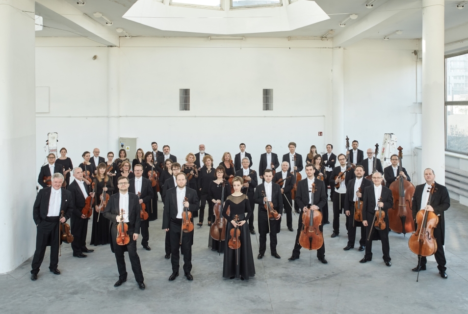 The members of the Polish Chamber Orchestra are standing in the hall. They are all holding their instruments.