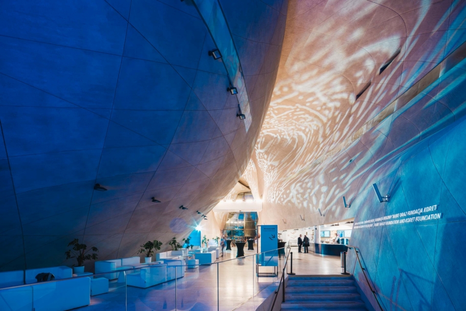 The museum’s main hall, illuminated in blue.
